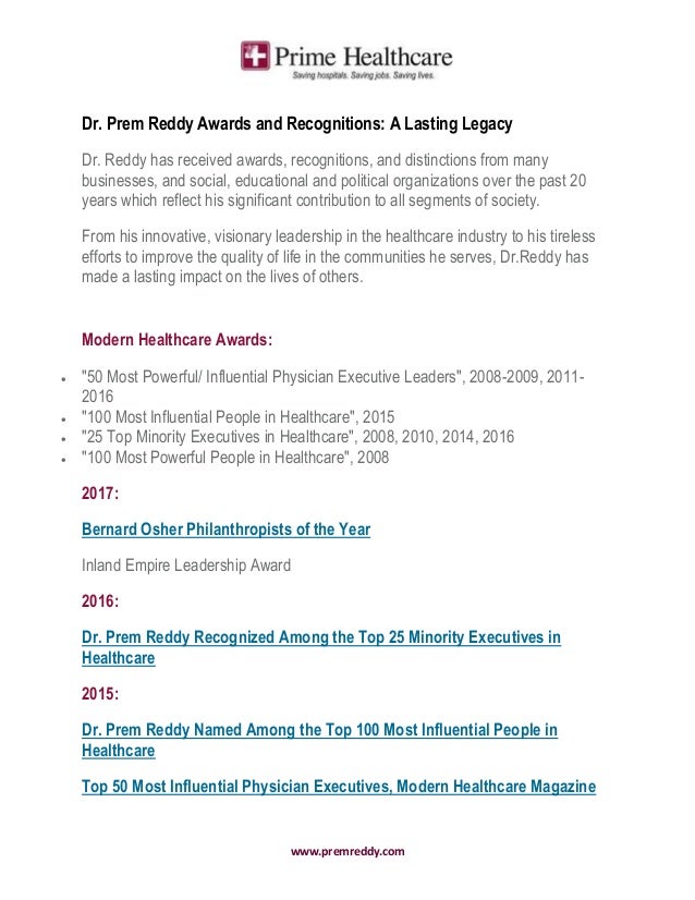Dr Prem Reddy Awards and Recognitions