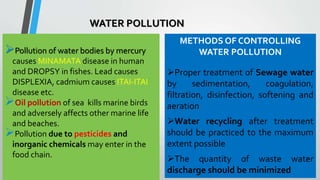 WATER POLLUTION
Pollution of water bodies by mercury
causes MINAMATA disease in human
and DROPSY in fishes. Lead causes
D...