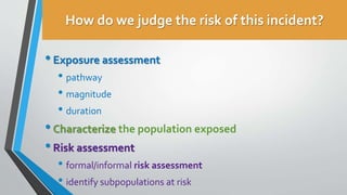How do we judge the risk of this incident?
•Exposure assessment
• pathway
• magnitude
• duration
•Characterize the populat...