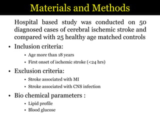 Materials and Methods	Hospital based study was conducted on 50 diagnosed cases of cerebral ischemic stroke and compared with 25 healthy age matched controlsInclusion criteria:Age more than 18 yearsFirst onset of ischemic stroke (<24 hrs)Exclusion criteria:Stroke associated with MIStroke associated with CNS infectionBio chemical parameters :Lipid profileBlood glucose