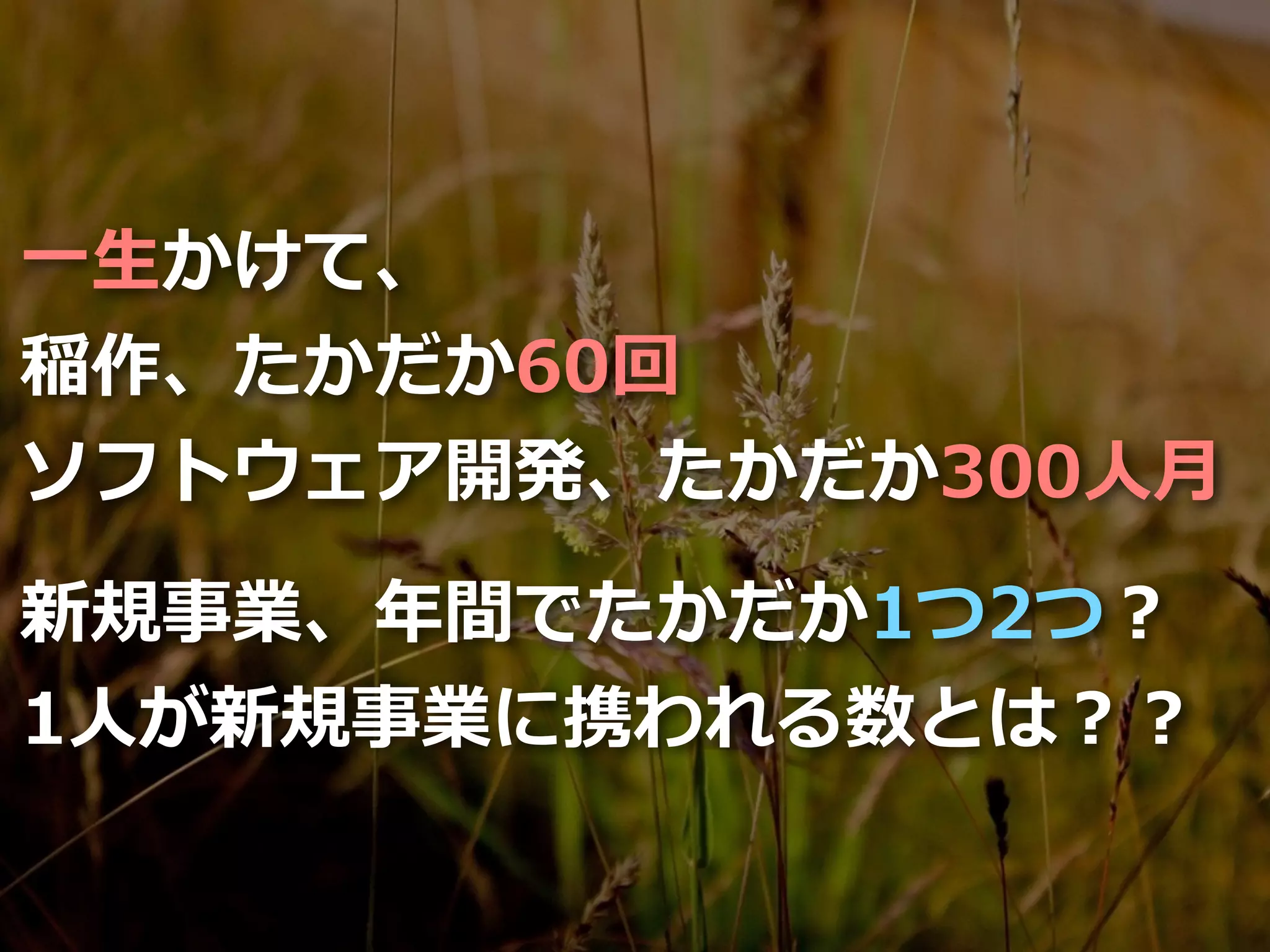 Toshihiro Ichitani All Rights Reserved.
⼀⽣かけて、
稲作、たかだか60回
ソフトウェア開発、たかだか300⼈⽉
新規事業、年間でたかだか1つ2つ？
1⼈が新規事業に携われる数とは？？
 