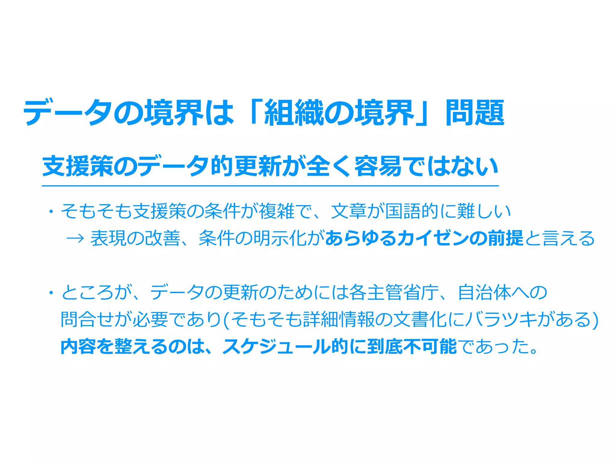 データの境界は「組織の境界」問題
・そもそも⽀援策の条件が複雑で、⽂章が国語的に難しい
  → 表現の改善、条件の明⽰化があらゆるカイゼンの前提と⾔える
・ところが、データの更新のためには各主管省庁、⾃治体への
 問合せが必要であり(そもそも詳細情報の⽂書化にバラツキがある)
 内容を整えるのは、スケジュール的に到底不可能であった。
⽀援策のデータ的更新が全く容易ではない
 