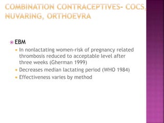  EBM
 In nonlactating women-risk of pregnancy related
thrombosis reduced to acceptable level after
three weeks (Gherman 1999)
 Decreases median lactating period (WHO 1984)
 Effectiveness varies by method
 
