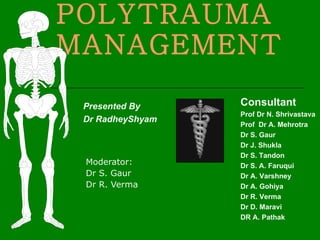 POLYTRAUMA MANAGEMENT   Moderator: Dr S. Gaur  Dr R. Verma Consultant Prof Dr N. Shrivastava Prof  Dr A. Mehrotra Dr S. Gaur Dr J. Shukla Dr S. Tandon Dr S. A. Faruqui Dr A. Varshney Dr A. Gohiya Dr R. Verma Dr D. Maravi DR A. Pathak Presented By Dr RadheyShyam   