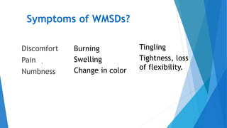 Symptoms of WMSDs?
Discomfort
Pain
Numbness
Burning
Swelling
Change in color
.
Tingling
Tightness, loss
of flexibility.
 