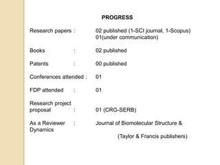 PROGRESS
Research papers : 02 published (1-SCI journal, 1-Scopus)
01(under communication)
Books : 02 published
Patents : 00 published
Conferences attended : 01
FDP attended : 01
Research project
proposal : 01 (CRG-SERB)
As a Reviewer : Journal of Biomolecular Structure &
Dynamics
(Taylor & Francis publishers)
 