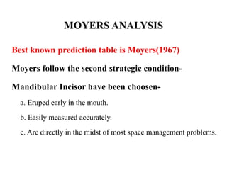 MOYERS ANALYSIS
Best known prediction table is Moyers(1967)
Moyers follow the second strategic condition-
Mandibular Incisor have been choosen-
a. Eruped early in the mouth.
b. Easily measured accurately.
c. Are directly in the midst of most space management problems.
 