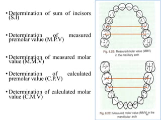 • Determination of sum of incisors
(S.I)
• Determination of measured
premolar value (M.P.V)
• Determination of measured molar
value (M.M.V)
• Determination of calculated
premolar value (C.P.V)
• Determination of calculated molar
value (C.M.V)
88
 