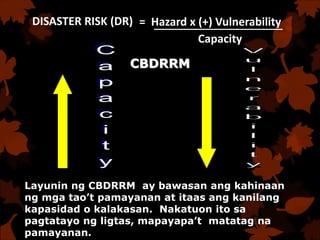 Layunin ng CBDRRM ay bawasan ang kahinaan
ng mga tao’t pamayanan at itaas ang kanilang
kapasidad o kalakasan. Nakatuon ito sa
pagtatayo ng ligtas, mapayapa’t matatag na
pamayanan.
CBDRRM
DISASTER RISK (DR) = Hazard x (+) Vulnerability
Capacity
 