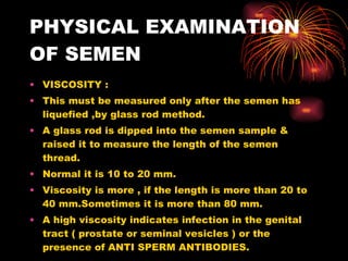 PHYSICAL EXAMINATION OF SEMEN VISCOSITY : This must be measured only after the semen has liquefied ,by glass rod method. A glass rod is dipped into the semen sample & raised it to measure the length of the semen thread. Normal it is 10 to 20 mm. Viscosity is more , if the length is more than 20 to 40 mm.Sometimes it is more than 80 mm. A high viscosity indicates infection in the genital tract ( prostate or seminal vesicles ) or the presence of ANTI SPERM ANTIBODIES. 