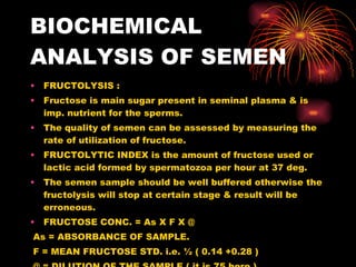 BIOCHEMICAL ANALYSIS OF SEMEN FRUCTOLYSIS : Fructose is main sugar present in seminal plasma & is imp. nutrient for the sperms. The quality of semen can be assessed by measuring the rate of utilization of fructose. FRUCTOLYTIC INDEX is the amount of fructose used or lactic acid formed by spermatozoa per hour at 37 deg. The semen sample should be well buffered otherwise the fructolysis will stop at certain stage & result will be erroneous. FRUCTOSE CONC. = As X F X @ As = ABSORBANCE OF SAMPLE. F = MEAN FRUCTOSE STD. i.e. ½ ( 0.14 +0.28 ) @ = DILUTION OF THE SAMPLE ( it is 75 here ) 