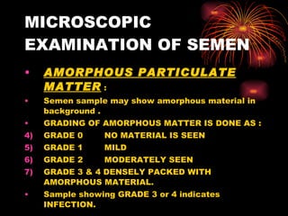 MICROSCOPIC EXAMINATION OF SEMEN <ul><li>AMORPHOUS PARTICULATE MATTER  : </li></ul><ul><li>Semen sample may show amorphous...