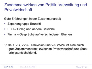 Zusammenwirken von Politik, Verwaltung und
Privatwirtschaft
Gute Erfahrungen in der Zusammenarbeit

 Expertengruppe Brunetti
 EFD – Fidleg und andere Bereiche
 Finma – Gespräche auf verschiedenen Ebenen
 Bei UVG, VVG-Teilrevision und VAG/AVO ist eine solch
gute Zusammenarbeit zwischen Privatwirtschaft und Staat
erfolgsentscheidend.

Jahresmedienkonferenz SVV

7. Februar 2014

| 10

 