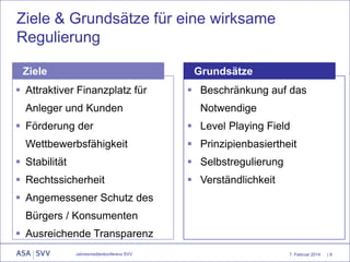 Ziele & Grundsätze für eine wirksame
Regulierung
Ziele

Grundsätze

 Attraktiver Finanzplatz für
Anleger und Kunden
 Förderung der
Wettbewerbsfähigkeit

 Beschränkung auf das
Notwendige
 Level Playing Field
 Prinzipienbasiertheit

 Stabilität

 Selbstregulierung

 Rechtssicherheit

 Verständlichkeit

 Angemessener Schutz des

Bürgers / Konsumenten
 Ausreichende Transparenz
Jahresmedienkonferenz SVV

7. Februar 2014

|8

 