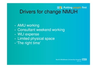 Drivers for change NMUH

•  AMU working
• Consultant weekend working
• WLI expense
• Limited physical space
• ‘The right time’
 