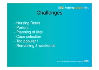 Challenges
• Nursing Rotas
• Porters
• Planning of lists
• Case selection
• Too popular !
• Remaining 3 weekends
 