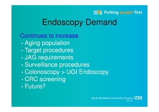 Endoscopy Demand
Continues to increase
• Aging population
• Target procedures
• JAG requirements
• Surveillance procedures
• Colonoscopy > UGI Endoscopy
• CRC screening
• Future?
 