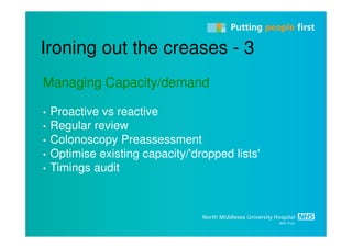 Ironing out the creases - 3
Managing Capacity/demand

•   Proactive vs reactive
•   Regular review
•   Colonoscopy Preassessment
•   Optimise existing capacity/'dropped lists'
•   Timings audit
 