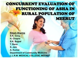 CONCURRENT EVALUATION OF FUNCTIONING OF ASHA IN RURAL POPULATION OF MEERUT Ritesh Sharma S.K. Garg H. Chopra  S.K. Bajpai T. Bano S. Jain A. Kumar Department of Community Medicine L.L.R.M. MEDICAL COLLEGE, MEERUT 