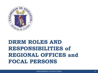 DEPARTMENT OF EDUCATION
DRRM ROLES AND
RESPONSIBILITIES of
REGIONAL OFFICES and
FOCAL PERSONS
11
 
