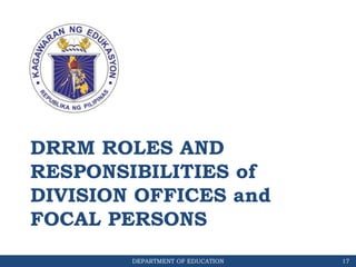 DEPARTMENT OF EDUCATION
DRRM ROLES AND
RESPONSIBILITIES of
DIVISION OFFICES and
FOCAL PERSONS
17
 