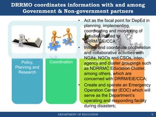 DEPARTMENT OF EDUCATION
DRRMO coordinates information with and among
Government & Non-government partners
9
Policy,
Planning and
Research
Coordination Information
Management
Capacity
Building
• Act as the focal point for DepEd in
planning, implementing,
coordinating and monitoring of
activities related to
DRRM/EiE/CCA;
• Initiate and coordinate cooperation
and collaborative activities with
NGAs, NGOs and CSOs, inter-
agency and cluster groupings such
as NDRRMC Education Cluster,
among others, which are
concerned with DRRM/EiE/CCA;
• Create and operate an Emergency
Operation Center (EOC) which will
serve as the Department’s
operating and responding facility
during disasters;
 