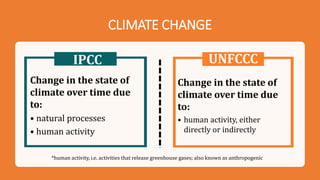 CLIMATE CHANGE
Change in the state of
climate over time due
to:
• human activity, either
directly or indirectly
*human activity, i.e. activities that release greenhouse gases; also known as anthropogenic
IPCC UNFCCC
Change in the state of
climate over time due
to:
• natural processes
• human activity
 