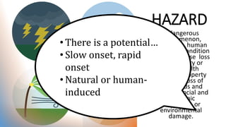 HAZARD
A dangerous
phenomenon,
substance, human
activity or condition
that may cause loss
of life, injury or
other health
impacts, property
damage, loss of
livelihoods and
services, social and
economic
disruption, or
environmental
damage.
• There is a potential…
• Slow onset, rapid
onset
• Natural or human-
induced
 