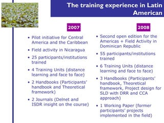 The training experience in Latin 
American 
2007 
• Pilot initiative for Central 
America and the Caribbean 
• Field activity in Nicaragua 
• 25 participants/institutions 
trained 
• 4 Training Units (distance 
learning and face to face) 
• 2 Handbooks (Participants’ 
handbook and Theoretical 
framework) 
• 2 Journals (Delnet and 
ISDR insight on the course) 
2008 
• Second open edition for the 
Americas + Field Activity in 
Dominican Republic 
• 55 participants/institutions 
trained 
• 6 Training Units (distance 
learning and face to face) 
• 3 Handbooks (Participants’ 
handbook, Theoretical 
framework, Project design for 
SLD with DRR and CCA 
approach) 
• 1 Working Paper (former 
participants’ projects 
implemented in the field) 
 