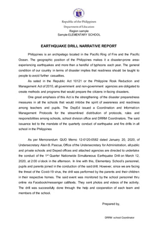 school earthquake drill narrative report 2016
