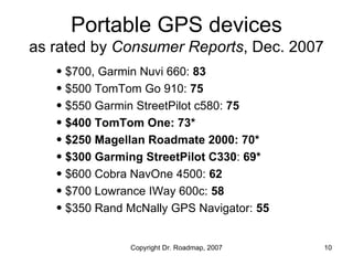 Portable GPS devices
as rated by Consumer Reports, Dec. 2007
   • $700, Garmin Nuvi 660: 83
   • $500 TomTom Go 910: 75
  ...