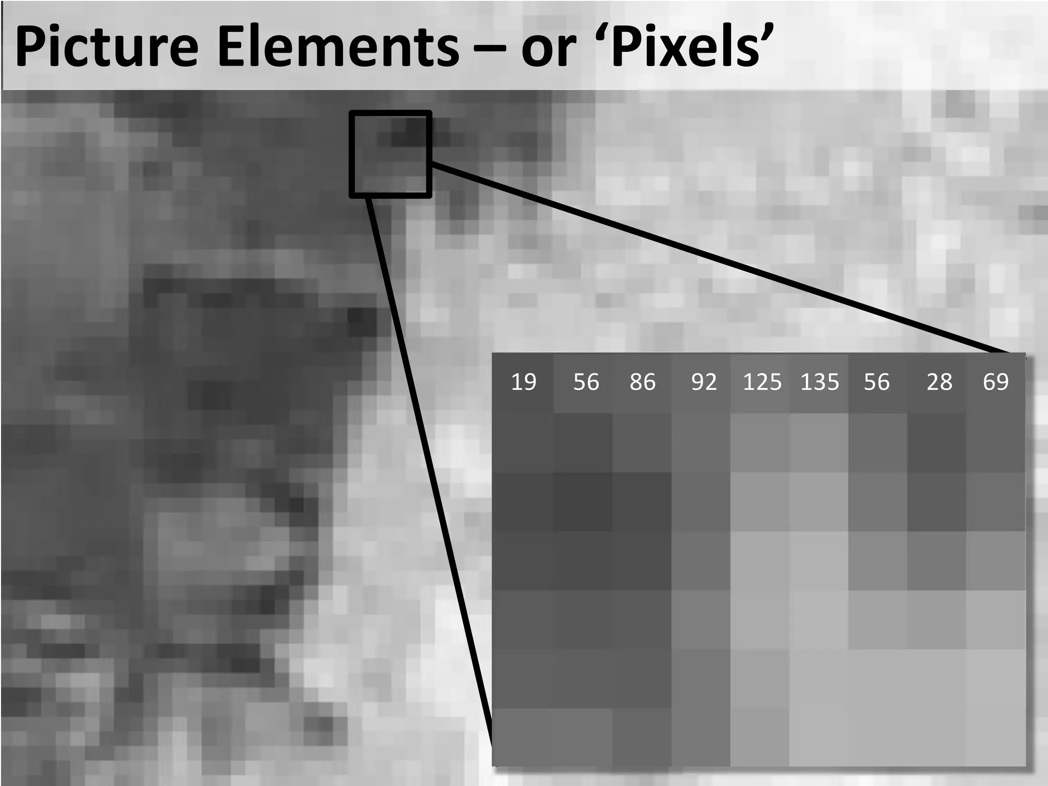 19 56 86 92 125 135 56 28 69
Picture Elements – or ‘Pixels’