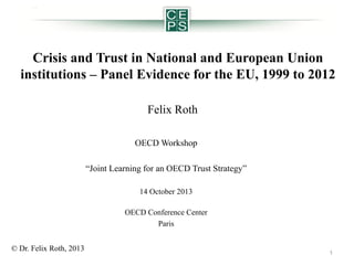 Crisis and Trust in National and European Union
institutions – Panel Evidence for the EU, 1999 to 2012
Felix Roth
OECD Workshop
“Joint Learning for an OECD Trust Strategy”
14 October 2013
OECD Conference Center
Paris
© Dr. Felix Roth, 2013

1

 