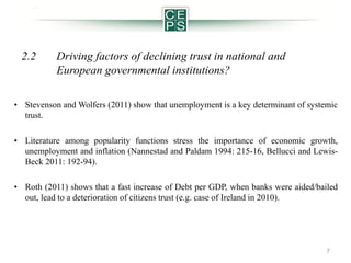 2.2

Driving factors of declining trust in national and
European governmental institutions?

• Stevenson and Wolfers (2011) show that unemployment is a key determinant of systemic
trust.
• Literature among popularity functions stress the importance of economic growth,
unemployment and inflation (Nannestad and Paldam 1994: 215-16, Bellucci and LewisBeck 2011: 192-94).
• Roth (2011) shows that a fast increase of Debt per GDP, when banks were aided/bailed
out, lead to a deterioration of citizens trust (e.g. case of Ireland in 2010).

7

 