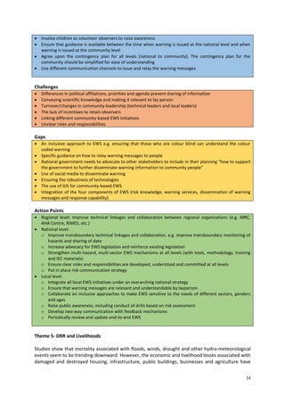  Involve children as volunteer observers to raise awareness
 Ensure that guidance is available between the time when warning is issued at the national level and when
warning is issued at the community level
 Agree upon the contingency plan for all levels (national to community). The contingency plan for the
community should be simplified for ease of understanding
 Use different communication channels to issue and relay the warning messages

Challenges







Differences in political affiliations, priorities and agenda prevent sharing of information
Conveying scientific knowledge and making it relevant to lay person
Turnover/changes in community leadership (technical leaders and local leaders)
The lack of incentives to retain observers
Linking different community-based EWS initiatives
Unclear roles and responsibilities

Gaps
 An inclusive approach to EWS e.g. ensuring that those who are colour blind can understand the colour
coded warning
 Specific guidance on how to relay warning messages to people
 National government needs to advocate to other stakeholders to include in their planning “how to support
the government to further disseminate warning information to community people”
 Use of social media to disseminate warning
 Ensuring the robustness of technologies
 The use of GIS for community-based EWS
 Integration of the four components of EWS (risk knowledge, warning services, dissemination of warning
messages and response capability)

Action Points
 Regional level: Improve technical linkages and collaboration between regional organizations (e.g. MRC,
AHA Centre, RIMES, etc.)
 National level:
o Improve transboundary technical linkages and collaboration, e.g. improve transboundary monitoring of
hazards and sharing of data
o Increase advocacy for EWS legislation and reinforce existing legislation
o Strengthen multi-hazard, multi-sector EWS mechanisms at all levels (with tools, methodology, training
and IEC materials)
o Ensure clear roles and responsibilities are developed, understood and committed at all levels
o Put in place risk communication strategy
 Local level:
o Integrate all local EWS initiatives under an overarching national strategy
o Ensure that warning messages are relevant and understandable by layperson
o Collaborate on inclusive approaches to make EWS sensitive to the needs of different sectors, genders
and ages
o Raise public awareness, including conduct of drills based on risk assessment
o Develop two-way communication with feedback mechanisms
o Periodically review and update end-to-end EWS

Theme 5- DRR and Livelihoods
Studies show that mortality associated with floods, winds, drought and other hydro-meteorological
events seem to be trending downward. However, the economic and livelihood losses associated with
damaged and destroyed housing, infrastructure, public buildings, businesses and agriculture have
14

 