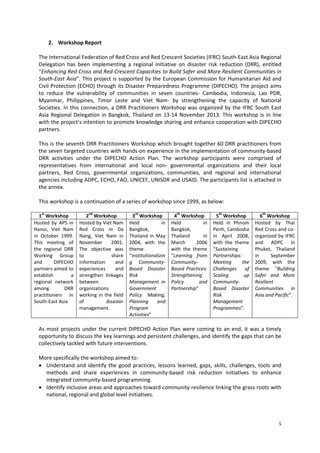 2. Workshop Report
The International Federation of Red Cross and Red Crescent Societies (IFRC) South-East Asia Regional
Delegation has been implementing a regional initiative on disaster risk reduction (DRR), entitled
“Enhancing Red Cross and Red Crescent Capacities to Build Safer and More Resilient Communities in
South-East Asia”. This project is supported by the European Commission for Humanitarian Aid and
Civil Protection (ECHO) through its Disaster Preparedness Programme (DIPECHO). The project aims
to reduce the vulnerability of communities in seven countries- Cambodia, Indonesia, Lao PDR,
Myanmar, Philippines, Timor Leste and Viet Nam- by strengthening the capacity of National
Societies. In this connection, a DRR Practitioners Workshop was organized by the IFRC South East
Asia Regional Delegation in Bangkok, Thailand on 13-14 November 2013. This workshop is in line
with the project’s intention to promote knowledge sharing and enhance cooperation with DIPECHO
partners.
This is the seventh DRR Practitioners Workshop which brought together 60 DRR practitioners from
the seven targeted countries with hands-on experience in the implementation of community-based
DRR activities under the DIPECHO Action Plan. The workshop participants were comprised of
representatives from international and local non- governmental organizations and their local
partners, Red Cross, governmental organizations, communities, and regional and international
agencies including ADPC, ECHO, FAO, UNICEF, UNISDR and USAID. The participants list is attached in
the annex.
This workshop is a continuation of a series of workshop since 1999, as below:
st

1 Workshop
Hosted by APS in
Hanoi, Viet Nam
in October 1999.
This meeting of
the regional DRR
Working Group
and
DIPECHO
partners aimed to
establish
a
regional network
among
DRR
practitioners in
South-East Asia

nd

2 Workshop
Hosted by Viet Nam
Red Cross in Da
Nang, Viet Nam in
November
2001.
The objective was
to
share
information
and
experiences
and
strengthen linkages
between
organizations
working in the field
of
disaster
management.

rd

3 Workshop
Held
in
Bangkok,
Thailand in May
2004, with the
theme
“Institutionalizin
g CommunityBased Disaster
Risk
Management in
Government
Policy Making,
Planning
and
Program
Activities”

th

4 Workshop
Held
in
Bangkok,
Thailand
in
March
2006
with the theme
“Learning from
CommunityBased Practices:
Strengthening
Policy
and
Partnership”

th

5 Workshop
Held in Phnom
Penh, Cambodia
in April 2008,
with the theme
“Sustaining
Partnerships:
Meeting
the
Challenges
of
Scaling
up
CommunityBased Disaster
Risk
Management
Programmes”.

th

6 Workshop
Hosted by Thai
Red Cross and coorganized by IFRC
and ADPC in
Phuket, Thailand
in
September
2009, with the
theme “Building
Safer and More
Resilient
Communities in
Asia and Pacific”.

As most projects under the current DIPECHO Action Plan were coming to an end, it was a timely
opportunity to discuss the key learnings and persistent challenges, and identify the gaps that can be
collectively tackled with future interventions.
More specifically the workshop aimed to:
 Understand and identify the good practices, lessons learned, gaps, skills, challenges, tools and
methods and share experiences in community-based risk reduction initiatives to enhance
integrated community-based programming.
 Identify inclusive areas and approaches toward community resilience linking the grass roots with
national, regional and global level initiatives.

5

 