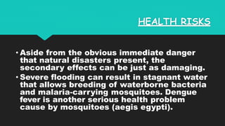 HEALTH RISKS
• Aside from the obvious immediate danger
that natural disasters present, the
secondary effects can be just as damaging.
• Severe flooding can result in stagnant water
that allows breeding of waterborne bacteria
and malaria-carrying mosquitoes. Dengue
fever is another serious health problem
cause by mosquitoes (aegis egypti).
 