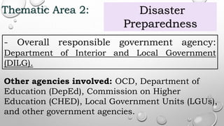 Thematic Area 2:
- Overall responsible government agency:
Department of Interior and Local Government
(DILG).
Other agencies involved: OCD, Department of
Education (DepEd), Commission on Higher
Education (CHED), Local Government Units (LGUs),
and other government agencies.
Disaster
Preparedness
 