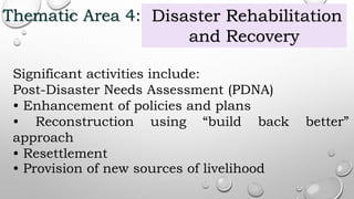Thematic Area 4:
Significant activities include:
Post-Disaster Needs Assessment (PDNA)
• Enhancement of policies and plans
• Reconstruction using “build back better”
approach
• Resettlement
• Provision of new sources of livelihood
Disaster Rehabilitation
and Recovery
 