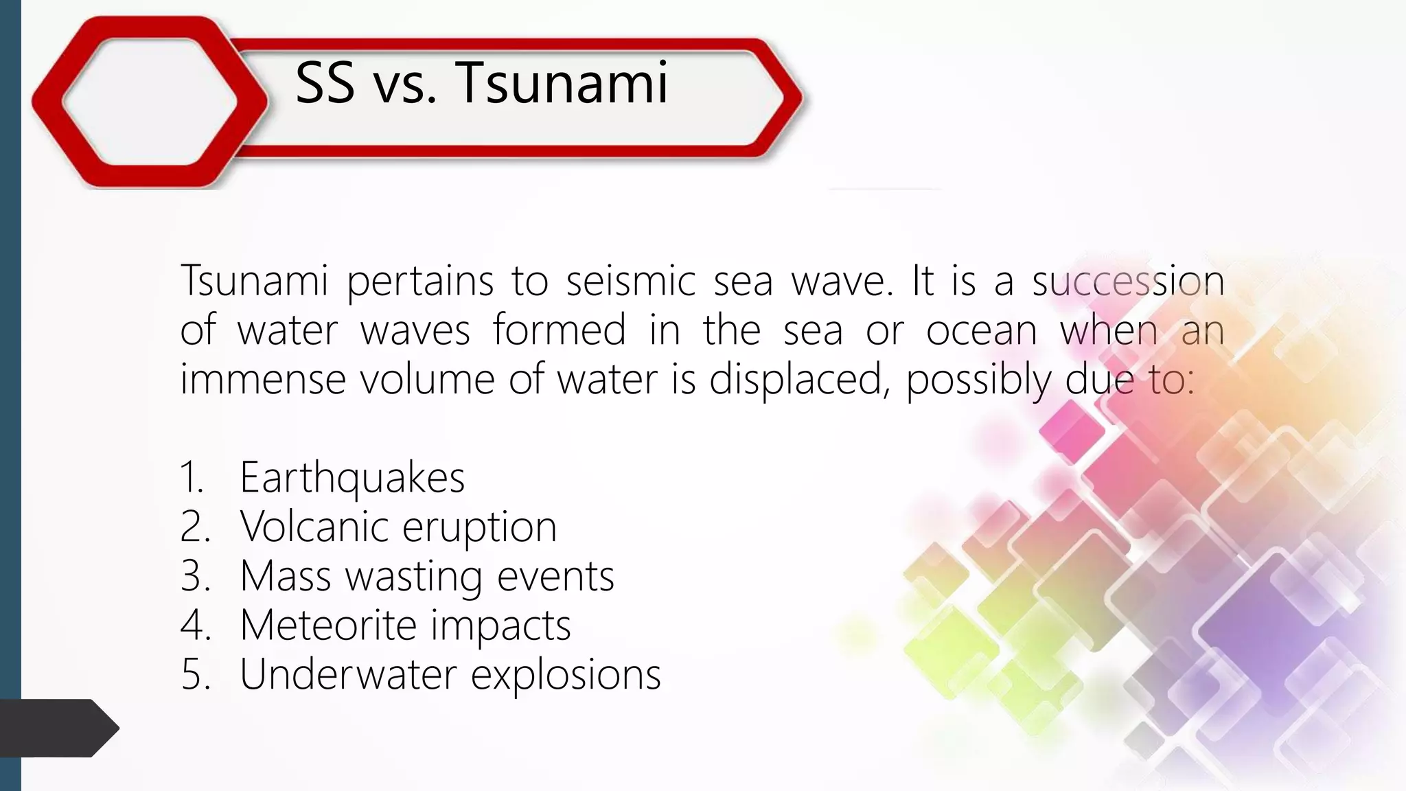 SS vs. Tsunami
Tsunami pertains to seismic sea wave. It is a succession
of water waves formed in the sea or ocean when an
immense volume of water is displaced, possibly due to:
1. Earthquakes
2. Volcanic eruption
3. Mass wasting events
4. Meteorite impacts
5. Underwater explosions
 