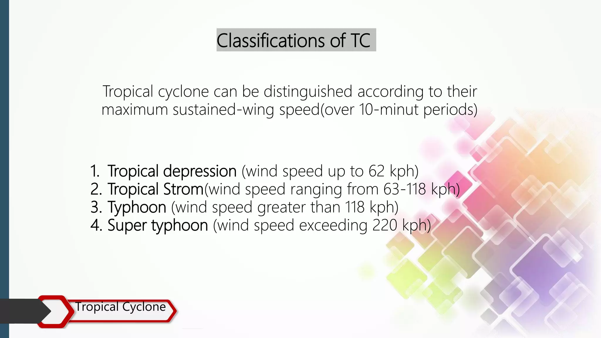 Tropical Cyclone
Classifications of TC
1. Tropical depression (wind speed up to 62 kph)
2. Tropical Strom(wind speed ranging from 63-118 kph)
3. Typhoon (wind speed greater than 118 kph)
4. Super typhoon (wind speed exceeding 220 kph)
Tropical cyclone can be distinguished according to their
maximum sustained-wing speed(over 10-minut periods)
 
