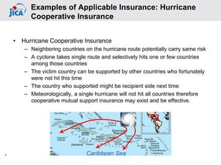 • Hurricane Cooperative Insurance
– Neighboring countries on the hurricane route potentially carry same risk
– A cyclone takes single route and selectively hits one or few countries
among those countries
– The victim country can be supported by other countries who fortunately
were not hit this time
– The country who supported might be recipient side next time
– Meteorologically, a single hurricane will not hit all countries therefore
cooperative mutual support insurance may exist and be effective.
4
Examples of Applicable Insurance: Hurricane
Cooperative Insurance
 
