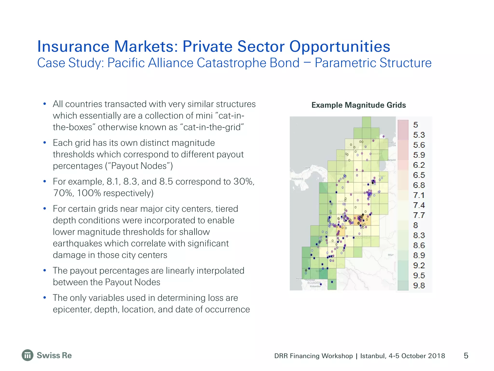 DRR Financing Workshop | Istanbul, 4-5 October 2018
Insurance Markets: Private Sector Opportunities
Case Study: Pacific Alliance Catastrophe Bond – Parametric Structure
5
• All countries transacted with very similar structures
which essentially are a collection of mini “cat-in-
the-boxes” otherwise known as “cat-in-the-grid”
• Each grid has its own distinct magnitude
thresholds which correspond to different payout
percentages (“Payout Nodes”)
• For example, 8.1, 8.3, and 8.5 correspond to 30%,
70%, 100% respectively)
• For certain grids near major city centers, tiered
depth conditions were incorporated to enable
lower magnitude thresholds for shallow
earthquakes which correlate with significant
damage in those city centers
• The payout percentages are linearly interpolated
between the Payout Nodes
• The only variables used in determining loss are
epicenter, depth, location, and date of occurrence
Example Magnitude Grids
 