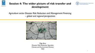 Session 4: The wider picture of risk transfer and
development
Agriculture sector Disaster Risk Reduction and Management Financing
– global and regional perspectives
1
Olga Buto
Disaster Risk Reduction Specialist
Climate and Environment Division
FAO
 