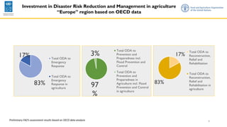 9
83%
17% Total ODA to
Emergency
Response
Total ODA to
Emergency
Response in
agriculture
97
%
3%
Total ODA to
Prevention and
Preparedness incl.
Flood Prevention and
Control
Total ODA to
Prevention and
Preparedness in
Agriculture incl. Flood
Prevention and Control
in agriculture
17%
83%
Total ODA to
Reconstruction,
Relief and
Rehabilitation
Total ODA to
Reconstruction,
Relief and
Rehabilitation in
agriculture
Investment in Disaster Risk Reduction and Management in agriculture
“Europe” region based on OECD data
Preliminary FAO’s assessment results based on OECD data analysis
 