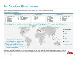 Aon Securities Inc. 19
Aon Securities: Global overview
Helping clients manage complex commercial issues by providing strategic advice, raising capital and managing risk
Aon Benfield Inc. (“Aon Benfield"), Aon Securities, Inc. ("ASI") and Aon Securities Limited ("ASL" and, together with ASI, "Aon Securities") are all wholly-owned subsidiaries of Aon plc. Aon
Benfield, including its Aon Benfield Analytics division, provides reinsurance brokerage and consulting services. Securities advice, products and services are offered solely through ASI and
ASL.
Investment Banking Group
Strategic advice Raising capital Managing risk
▪ M&A Buy / sell side /
MBO
▪ JV structuring
▪ Divestitures
▪ Restructuring
▪ Debt Advisory
▪ Start-ups
▪ Private Equity Advisory
▪ Private placements
▪ Fund structuring
▪ ILS Funds
▪ Start-ups
▪ Sidecars
▪ JVs
Cat bond
▪ Structuring
▪ Distribution
Sidecars
▪ Structuring
▪ Distribution
▪ ILS secondary trading
▪ INCR
▪ Collateralised
reinsurance
▪ Cat swaps
An integrated securities and
corporate finance platform, with
access to an unparalleled
network of global reinsurance
brokers, modellers, actuaries and
technical specialists
Chicago
London
New York
Tokyo
Hong Kong
Aon Benfield Offices
Aon Securities Offices
A leading capital and strategic advisor with global coverage bringing together 100 years of specialist experience
 