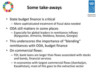 Some take-aways
• State budget finance is critical
– More sophisticated treatment of fiscal data needed
• ODA still matters in some places
– Especially for global leaders in remittance inflows
(Kyrgyzstan, Armenia, Moldova, Kosovo, Georgia)
• This underscores the importance of “blending”
remittances with ODA, budget finance
• On commercial flows:
– FDI, bank loans are larger than flows associated with stocks
and bonds, financial services
– In economies with largest commercial flows (Azerbaijan,
Kazakhstan), most of this goes to the extractive sector
 