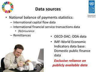 Data sources
• National balance of payments statistics:
– International capital flow data
– International financial service transactions data
• (Re)insurance
– Remittances • OECD-DAC: ODA data
• IMF-World Economic
Indicators data base:
Domestic public finance
data
Exclusive reliance on
publicly available data
 