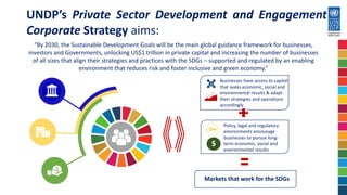 “By 2030, the Sustainable Development Goals will be the main global guidance framework for businesses,
investors and Governments, unlocking US$1 trillion in private capital and increasing the number of businesses
of all sizes that align their strategies and practices with the SDGs – supported and regulated by an enabling
environment that reduces risk and foster inclusive and green economy.”
Businesses have access to capital
that seeks economic, social and
environmental results & adapt
their strategies and operations
accordingly
Policy, legal and regulatory
environments encourage
businesses to pursue long-
term economic, social and
environmental results
Markets that work for the SDGs
UNDP’s Private Sector Development and Engagement
Corporate Strategy aims:
 