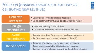 • Generate or leverage financial resources
• Ex: Impact Investment, Blue bonds, Debt-for-Nature
Generate
revenues
• Re-orient existing financial flows
• Ex: Elimination unsustainable fishery subsidies
Realign
expenditures
• Prevent or reduce future needs to allocate resources
• Ex: Taxes on sugar content or tobacco (health)
Avoid
expenditures
• Enhance effectiveness, efficiency, and synergies
• Favor a more equitable distribution of resources
• Ex: Enterprise challenge funds, trust funds (e.g. climate)
Deliver better
FOCUS ON (FINANCIAL) RESULTS BUT NOT ONLY ON
GENERATING NEW REVENUES
 